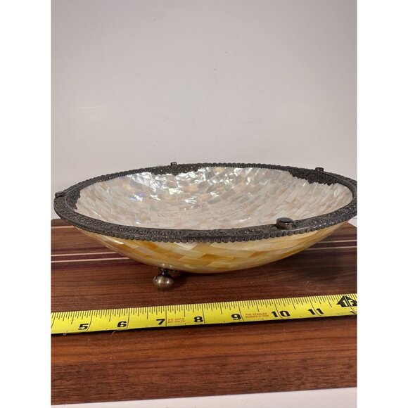 Handcrafted Mother-Of-Pearl Decorative Bowl With Ornate Metal Trim & Gem Accents - Picture 3 of 12
